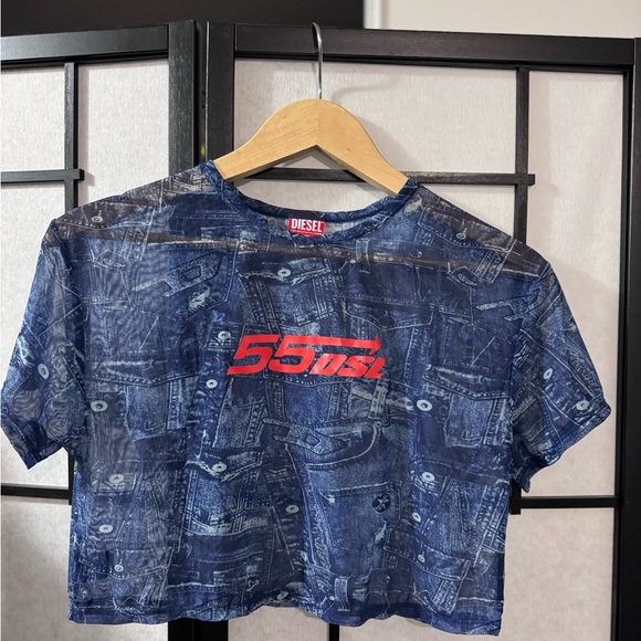 Diesel Tops - Diesel Navy Denim-Print Crop Tee with Red Logo